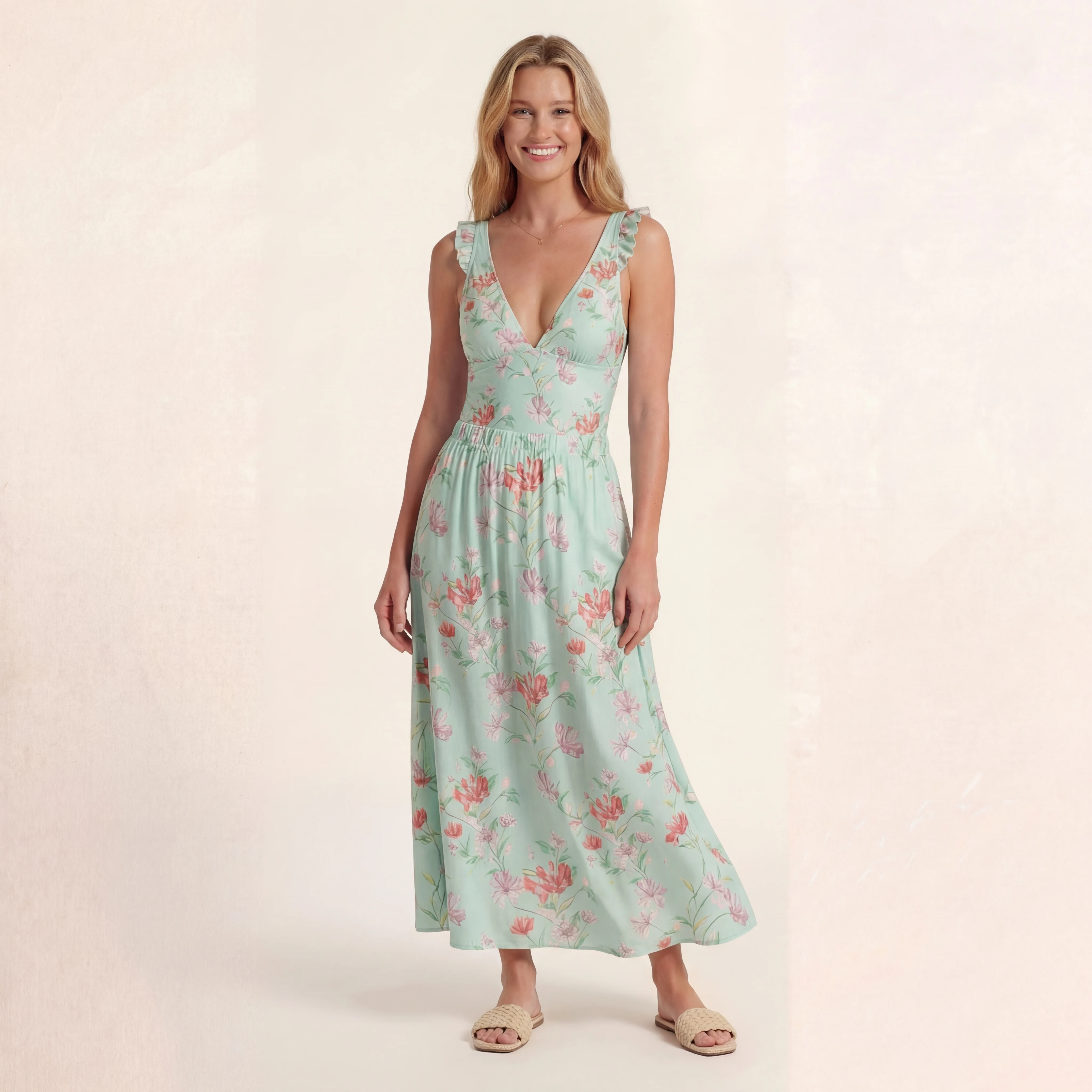 Mint Honeysuckle Ruffled V Neck One Piece Swimsuit and Matching Midi Skirt Set