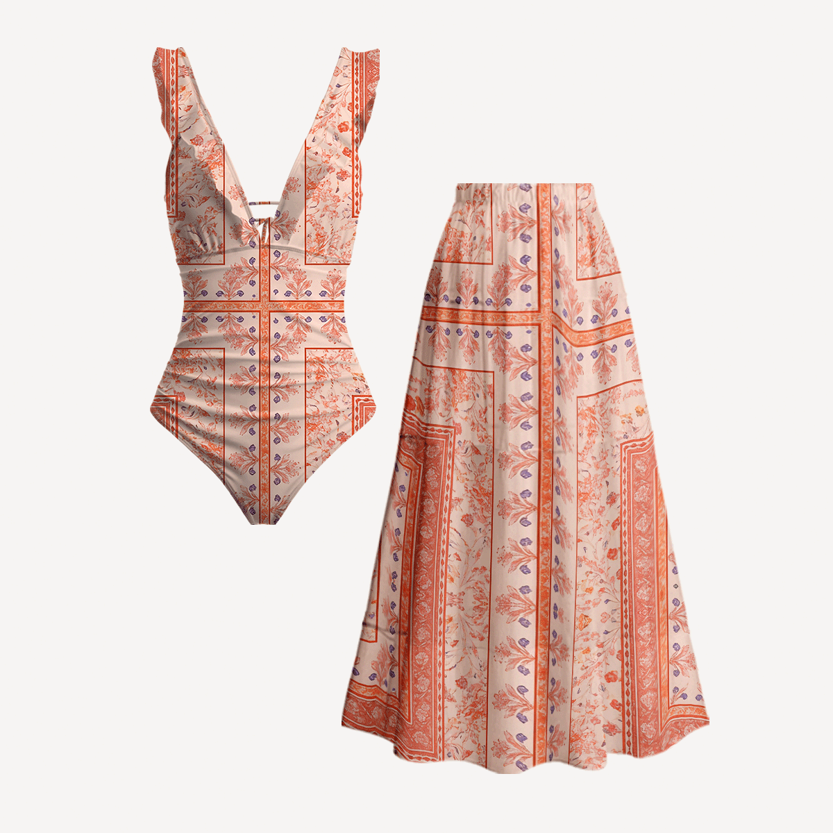 Dahlia Ruffled V Neck One Piece Swimsuit and Matching Midi Skirt Set