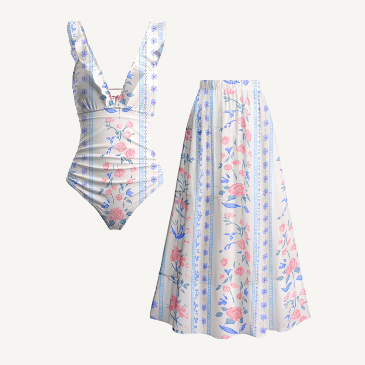 Blue Rose Ruffled V Neck One Piece Swimsuit and Matching Midi Skirt Set