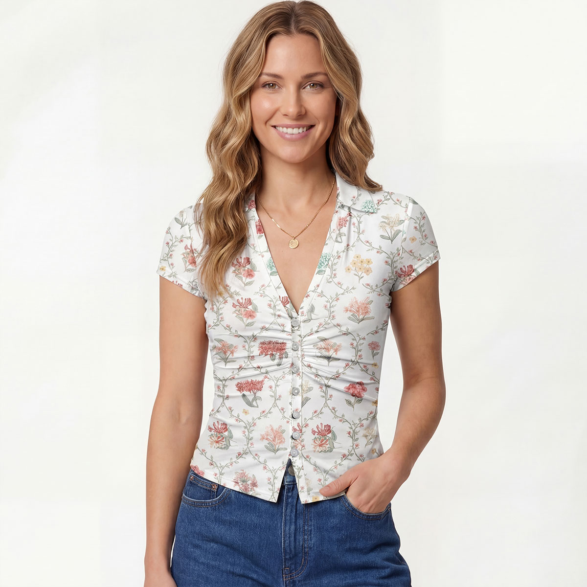 V-Neck Short Sleeve Coral Vine Print Mesh Top